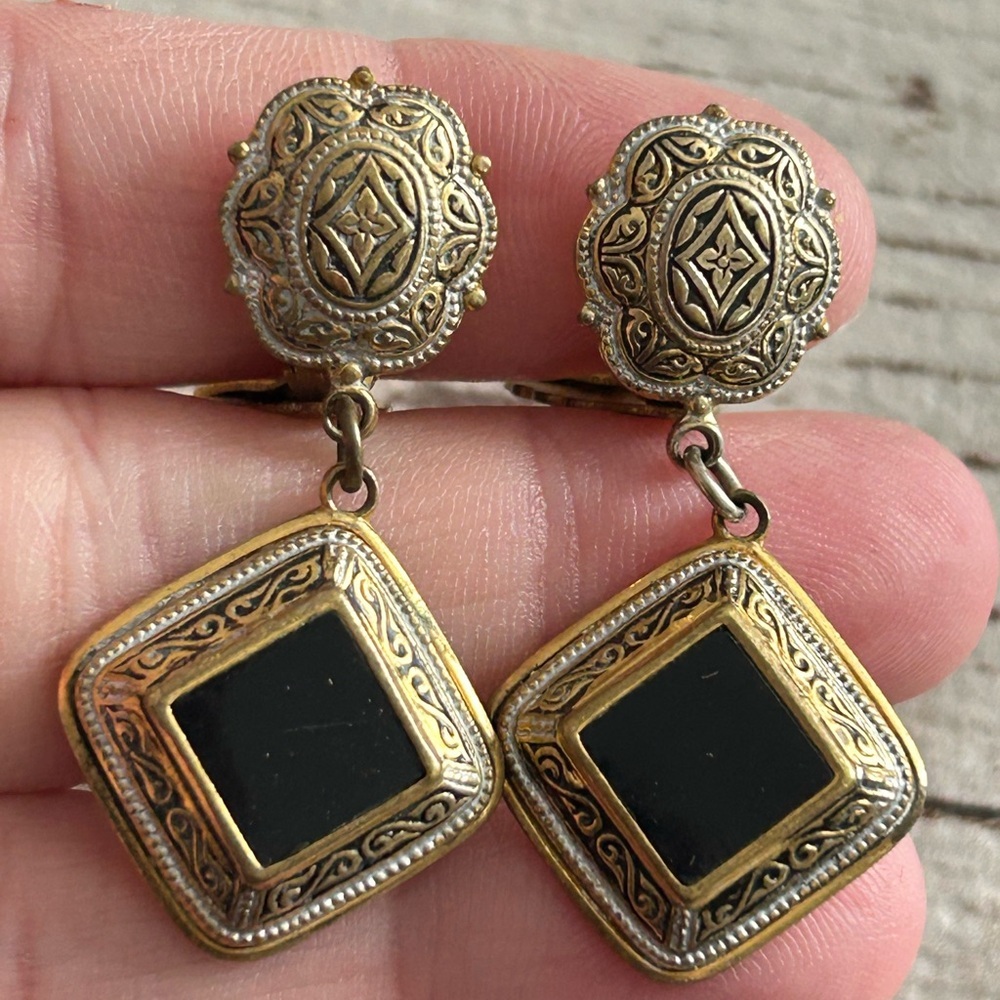 4/$100 DAMASCENE Vintage-Style Gold and Black Drop Earrings - Women Jewelry